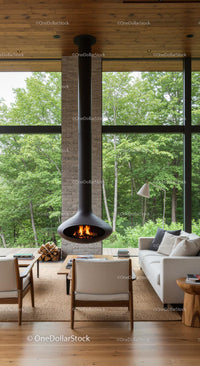 Cozy Modern Living Room with Forest View and Hanging Fireplace