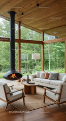 Modern Living Room with Fireplace and Forest View