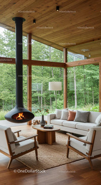 Modern Living Room with Fireplace and Forest View