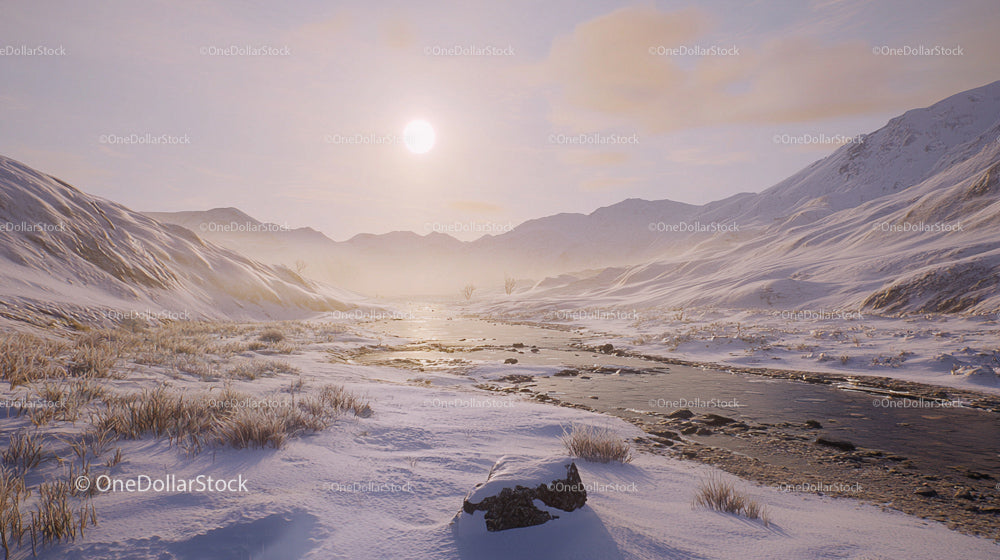 Scenic Winter Landscape with Snowy Mountains and Frozen River