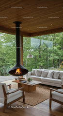 Contemporary Living Room with Fireplace and Nature View