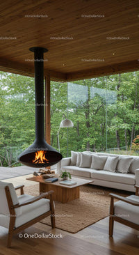 Contemporary Living Room with Fireplace and Nature View