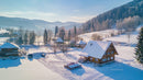 Snow-Covered Rustic Cabin in Serene Mountain Landscape