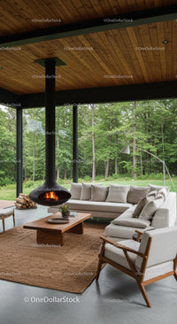 Modern Living Room with Fireplace and Forest View