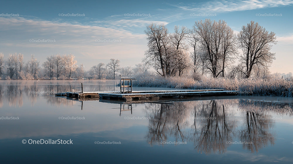 Winter Serenity with Snowy Trees and Icy Lake Reflections