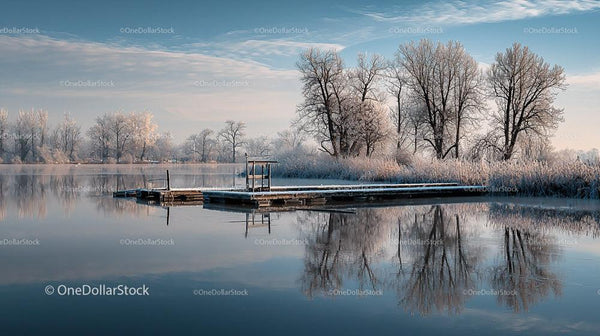 Winter Serenity with Snowy Trees and Icy Lake Reflections