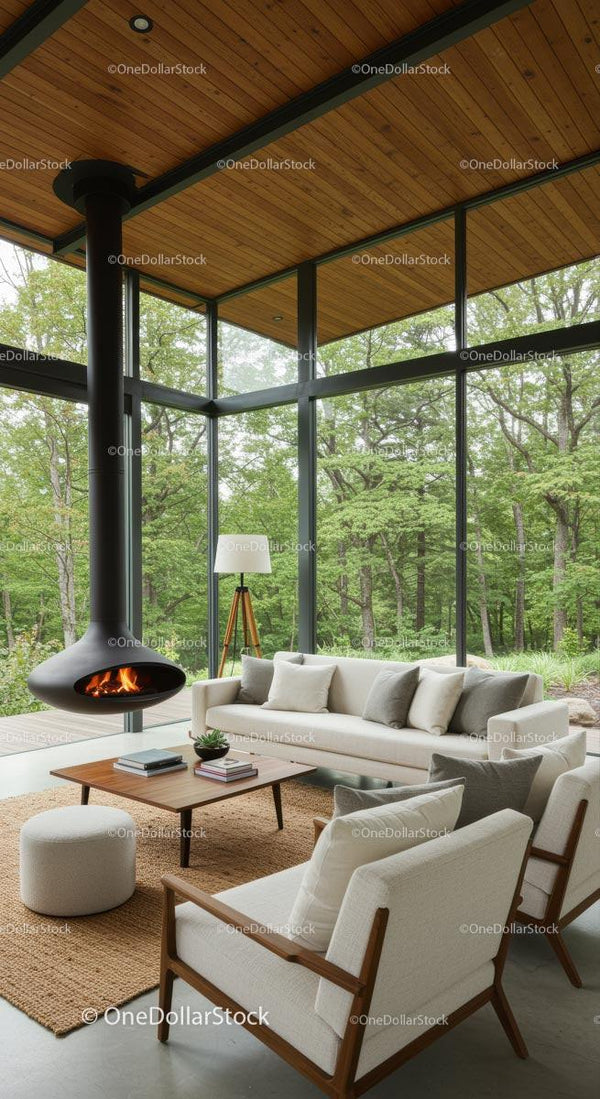 Modern Living Room with Hanging Fireplace and Forest View
