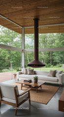 Modern Living Room with Fireplace and Panoramic Forest View