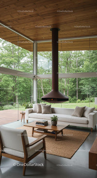 Modern Living Room with Fireplace and Panoramic Forest View