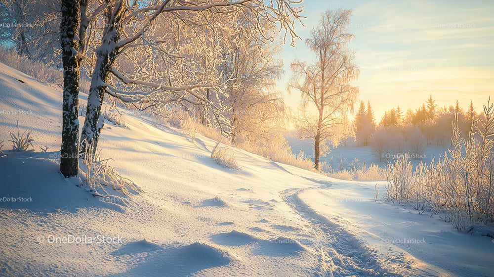 Serene Winter Landscape with Snow-Covered Trees at Sunrise