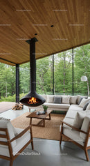 Modern Living Room with Fireplace and Forest View