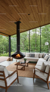 Modern Living Room with Fireplace and Forest View