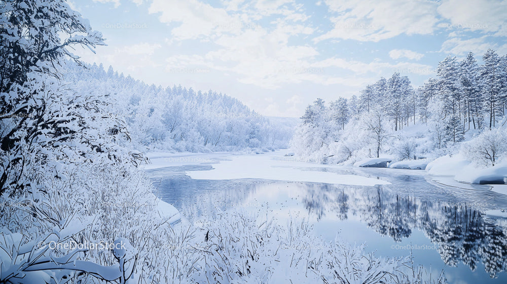 Snowy Forest and Frozen River Under a Clear Blue Sky