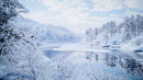 Snowy Forest and Frozen River Under a Clear Blue Sky