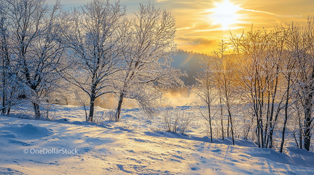 Serene Winter Landscape at Sunrise With Frosty Trees