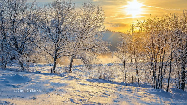 Serene Winter Landscape at Sunrise With Frosty Trees