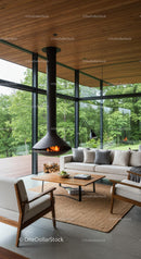 Modern Living Room with Panoramic Glass Walls and Fireplace