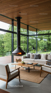 Modern Living Room with Panoramic Glass Walls and Fireplace