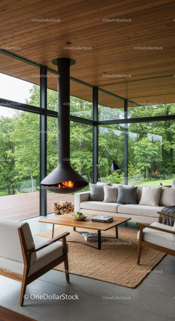 Modern Living Room with Panoramic Glass Walls and Fireplace