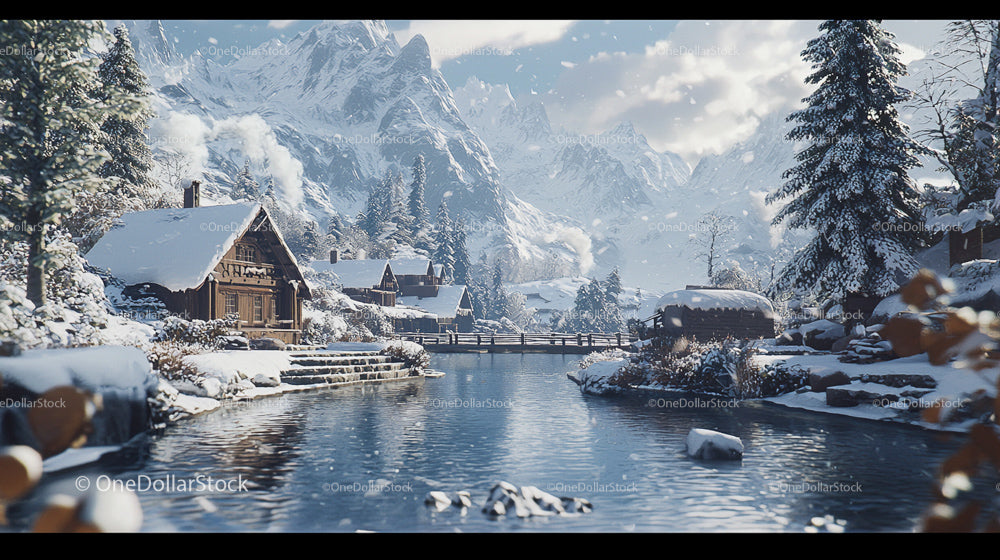 Snowy Mountain Village by a Frozen River in Winter
