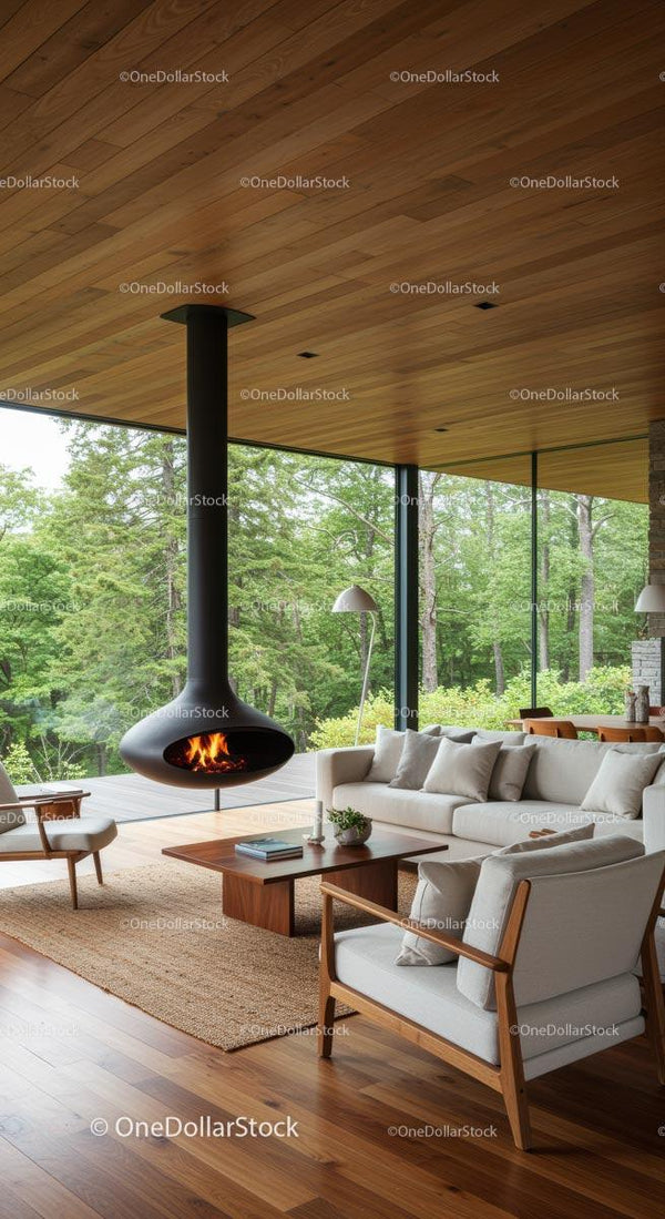 Modern Living Room with Hanging Fireplace and Panoramic View