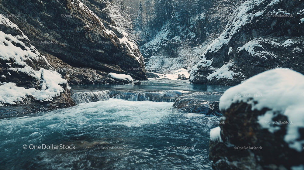 Serene Winter River Flowing Through Snowy Mountain Scenery
