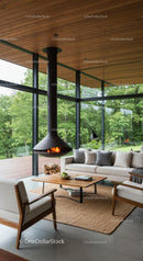Modern Living Room with Glass Walls and Fireplace