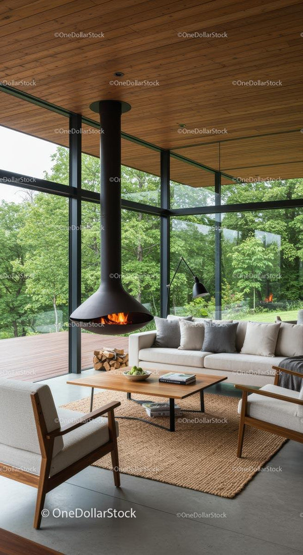 Modern Living Room with Glass Walls and Fireplace