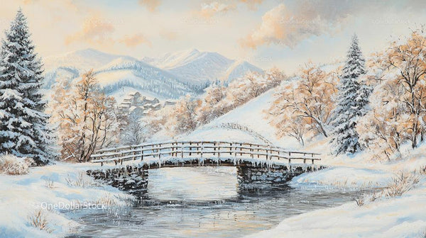 Winter Wonderland with Snowy Bridge and Mountain Scenery