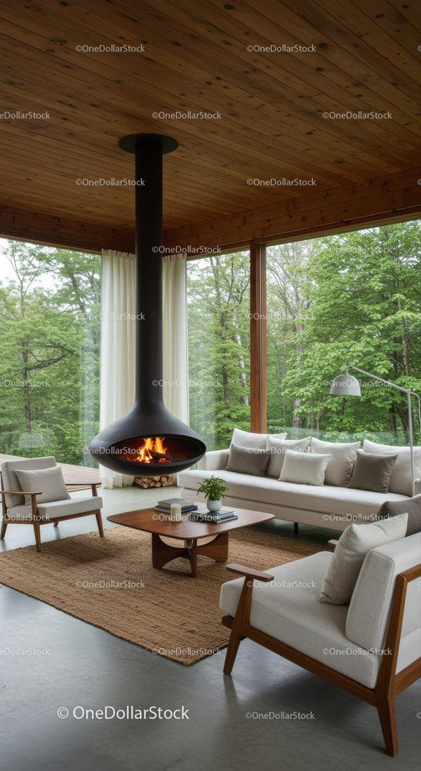 Modern Living Room with Fireplace and Forest View