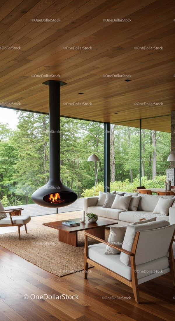 Luxurious Living Room with Forest View and Suspended Fireplace