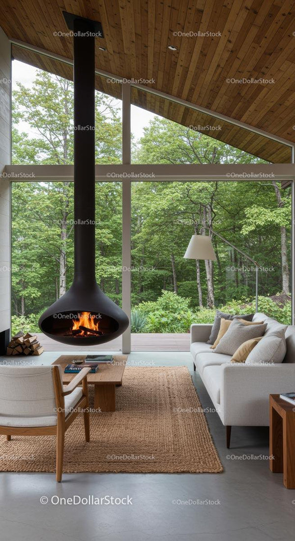 Modern Living Room with Fireplace and Forest View