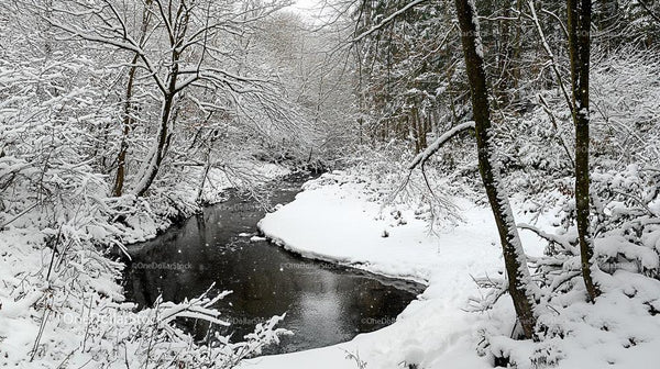 Tranquil Snow-Covered Forest with Serene River in Winter