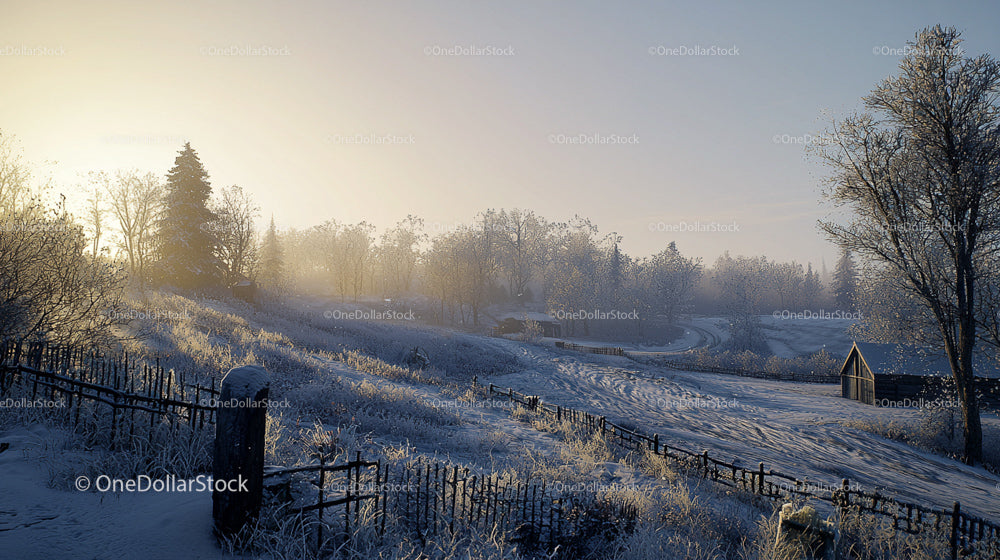 Serene Winter Landscape at Sunrise with Snow-Covered Trees