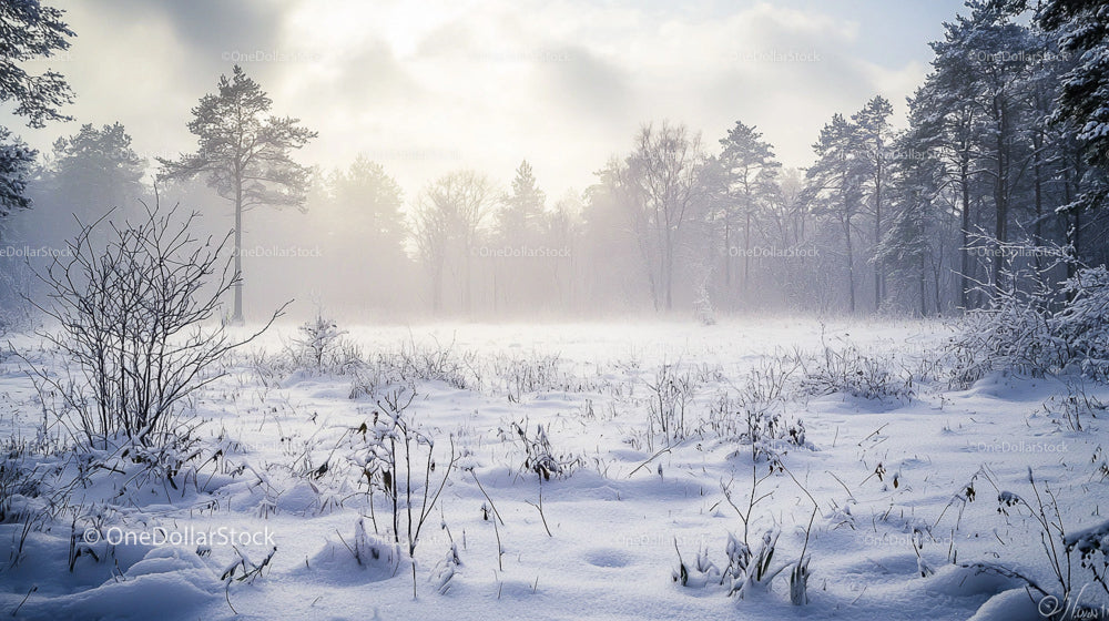 Misty Winter Landscape with Snow-Covered Trees