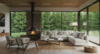 Modern Living Room with Scenic Forest View
