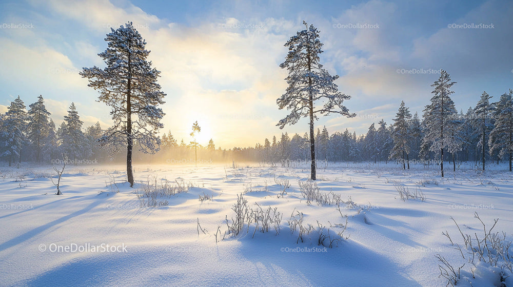 Zaśnieżony las sosnowy o wschodzie słońca w zimowej krainie czarów