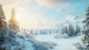 Snowy Mountain Landscape at Sunrise with Pine Trees
