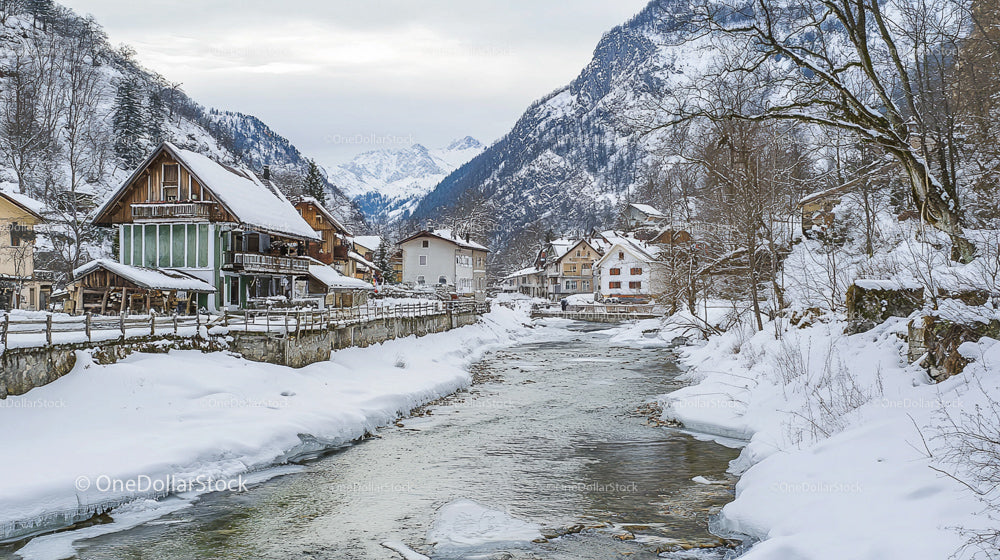 Snowy Alpine Village with Flowing Mountain Stream