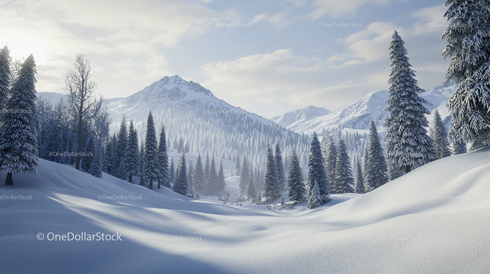 Winter Wonderland with Snowy Mountains and Pine Trees