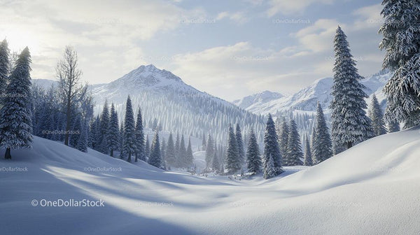 Winter Wonderland with Snowy Mountains and Pine Trees