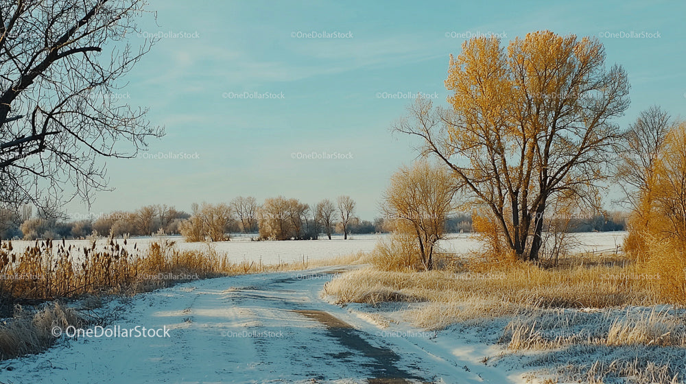 Frosty Winter Road Through Serene Countryside