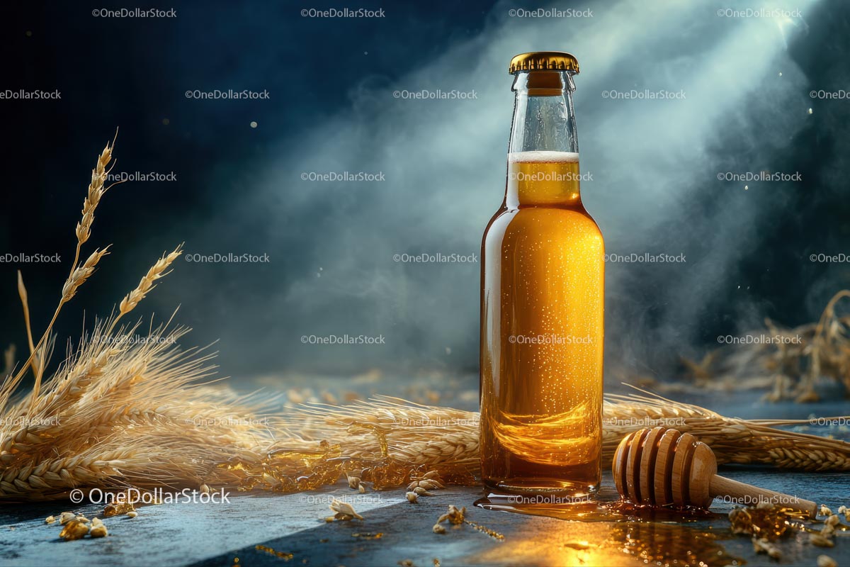 Golden Beer Bottle with Wheat and Honey