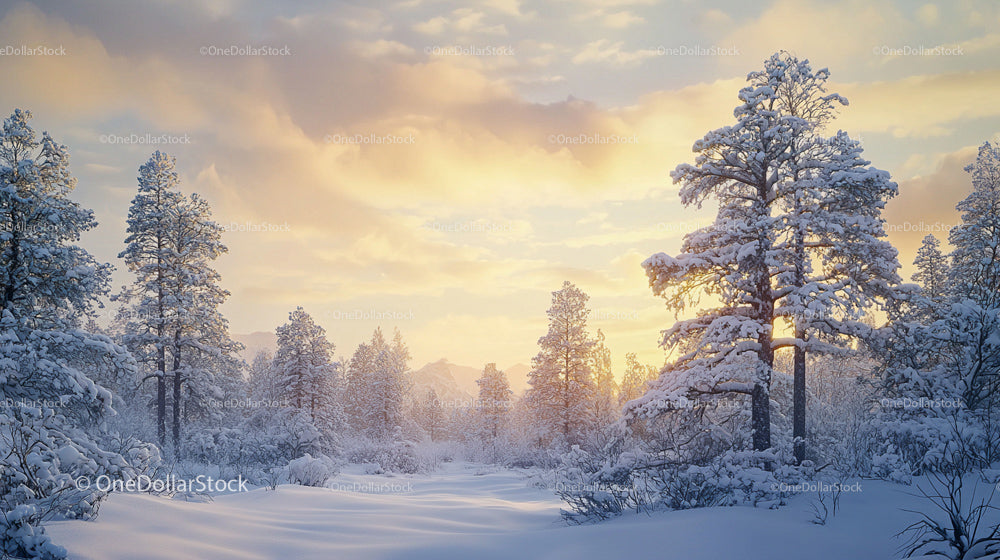 Snow-Covered Pine Tree Forest at Golden Sunset