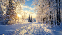 Snow-Covered Path Through Sunlit Winter Forest