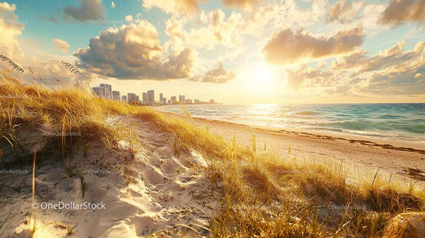 Sunset Over Coastal Dunes and City Skyline with Seaside View
