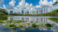 Urban Skyline Reflected in Tranquil Lake Waters