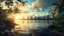 Tropical Cityscape at Sunset with Palm Trees and Calm Waters