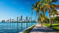 Tropical City Skyline with Palm Trees and Skyscrapers