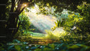 Sunlit Forest Pathway Through Lush Green Jungle